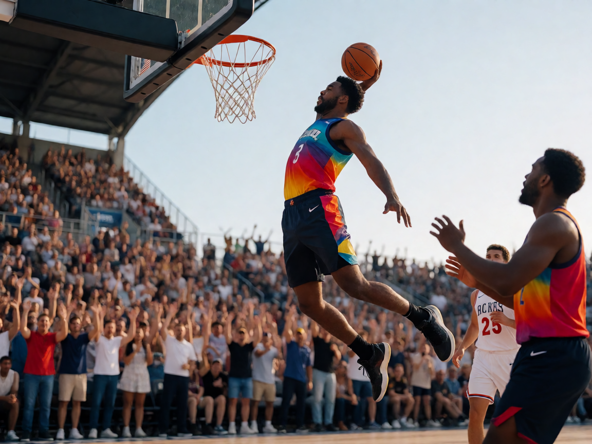 NBA篮球比赛现场球员腾空扣篮，球馆内观众欢呼热烈
