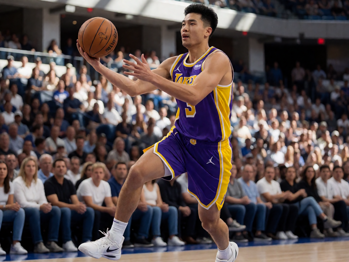 NBA湖人队詹姆斯在比赛中突破上篮的精彩画面，球馆内观众沸腾