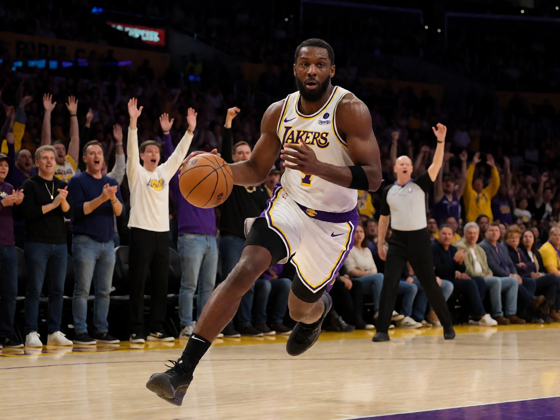 NBA湖人队球员在比赛中突破上篮的精彩瞬间，球馆内观众热情欢呼
